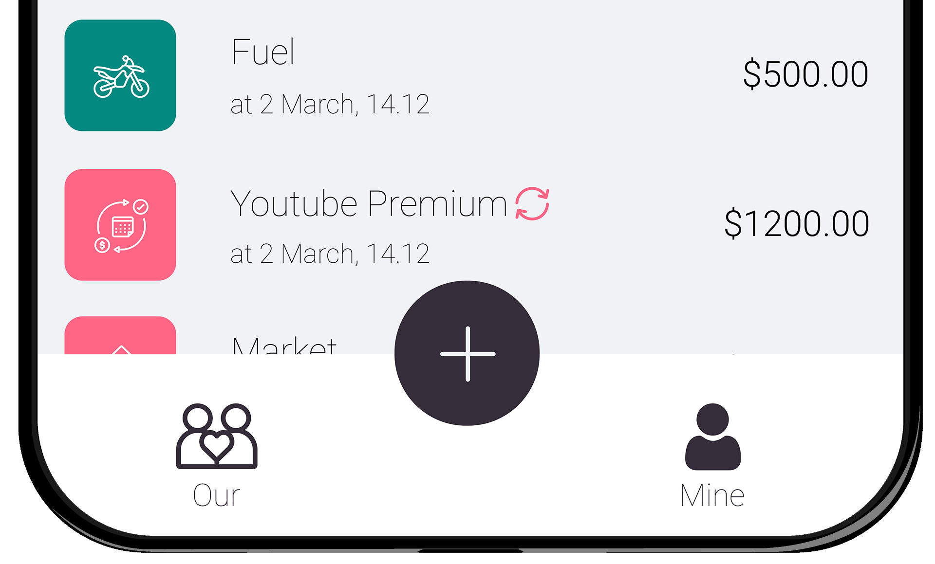 Screenshot of the app showing bottom navigation bar with 2 tabs: ours and mine to separate shared and individual expenses