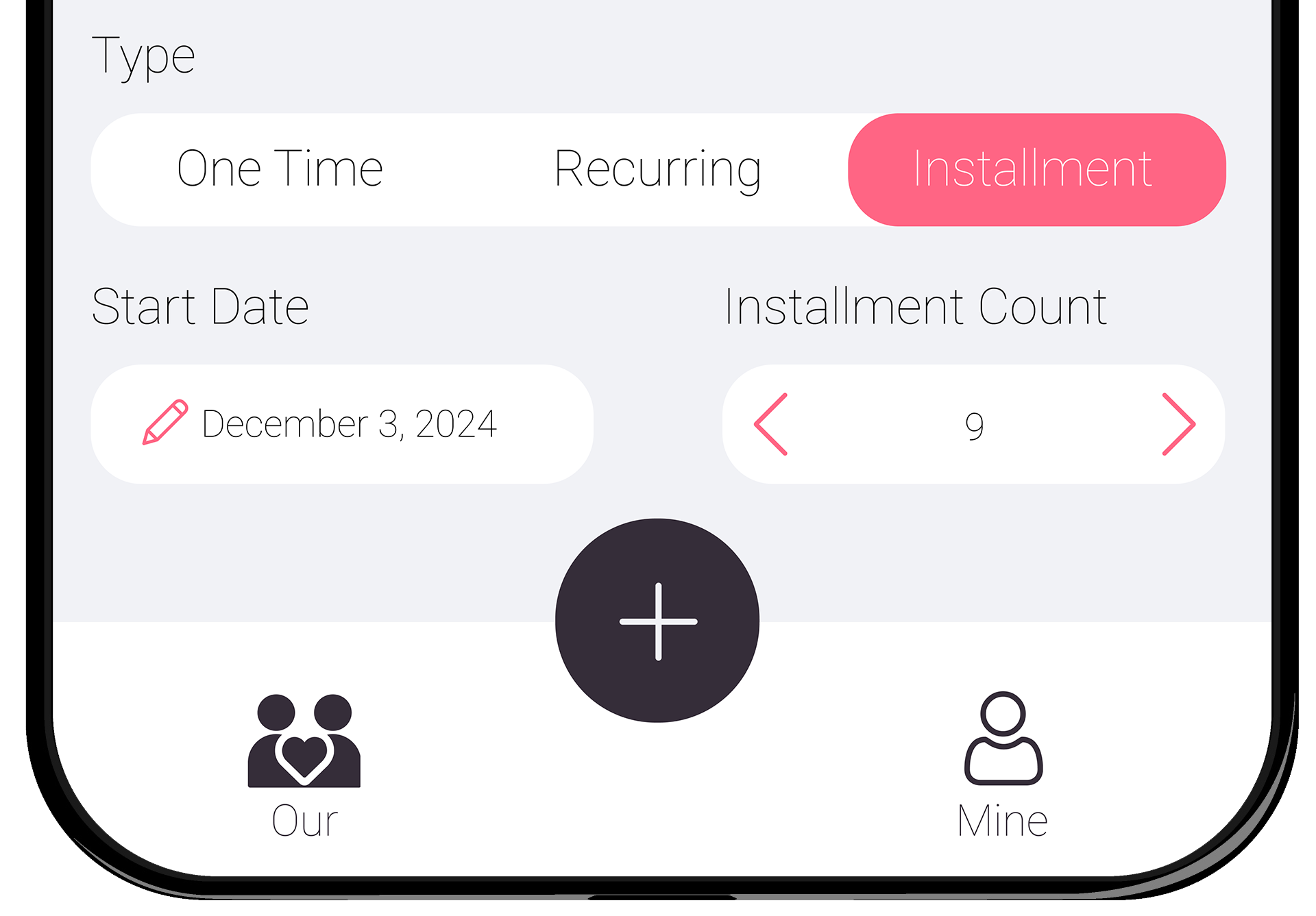 Screenshot of the app showing a form to add an expense with installment with fields for start date and number of installments