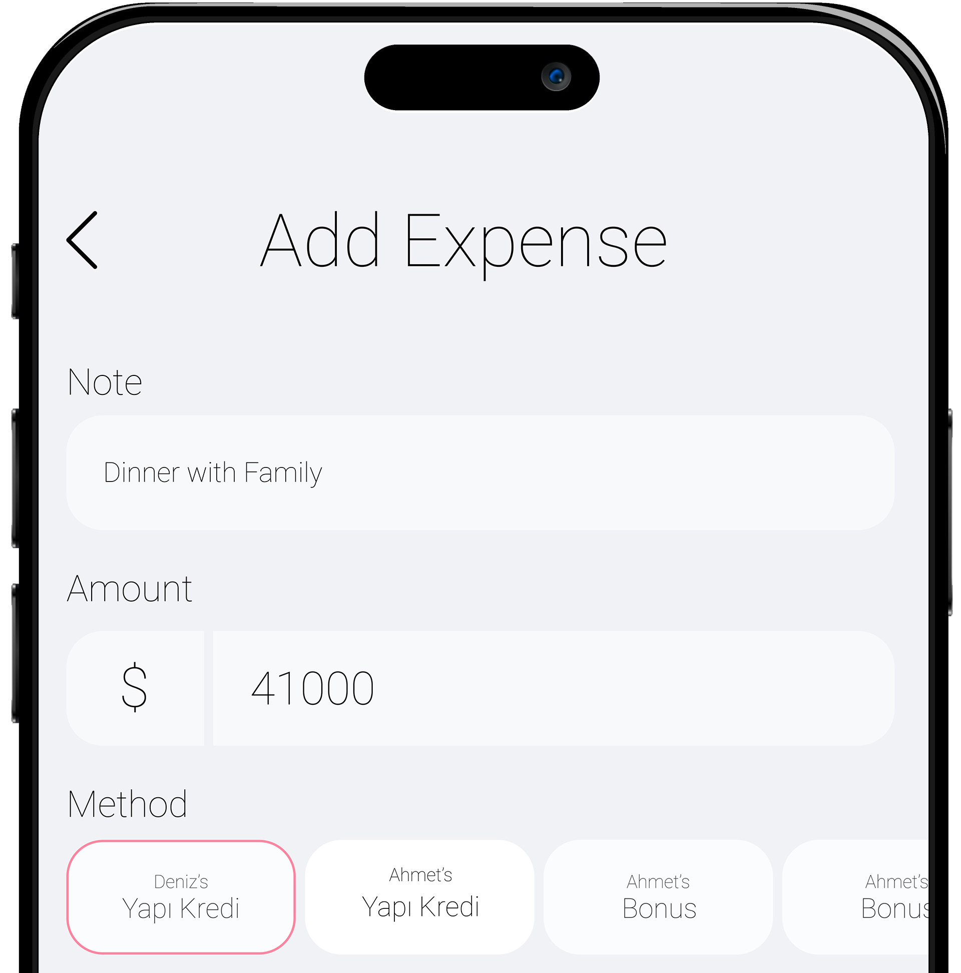 Screenshot of the app showing a list of payment methods that you can customize to track your expenses