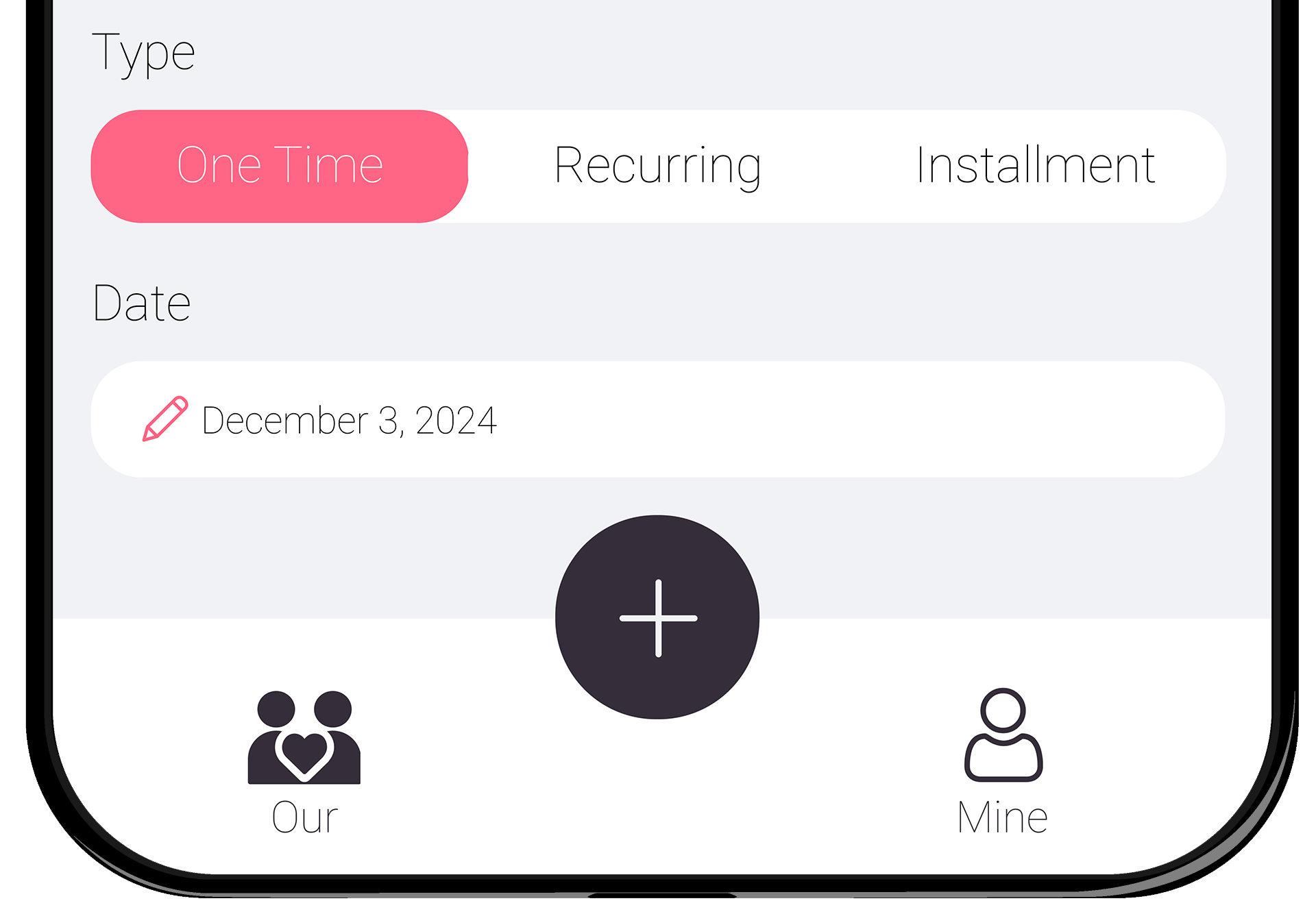 Screenshot of the app showing a form to add a one time expense with fields for date