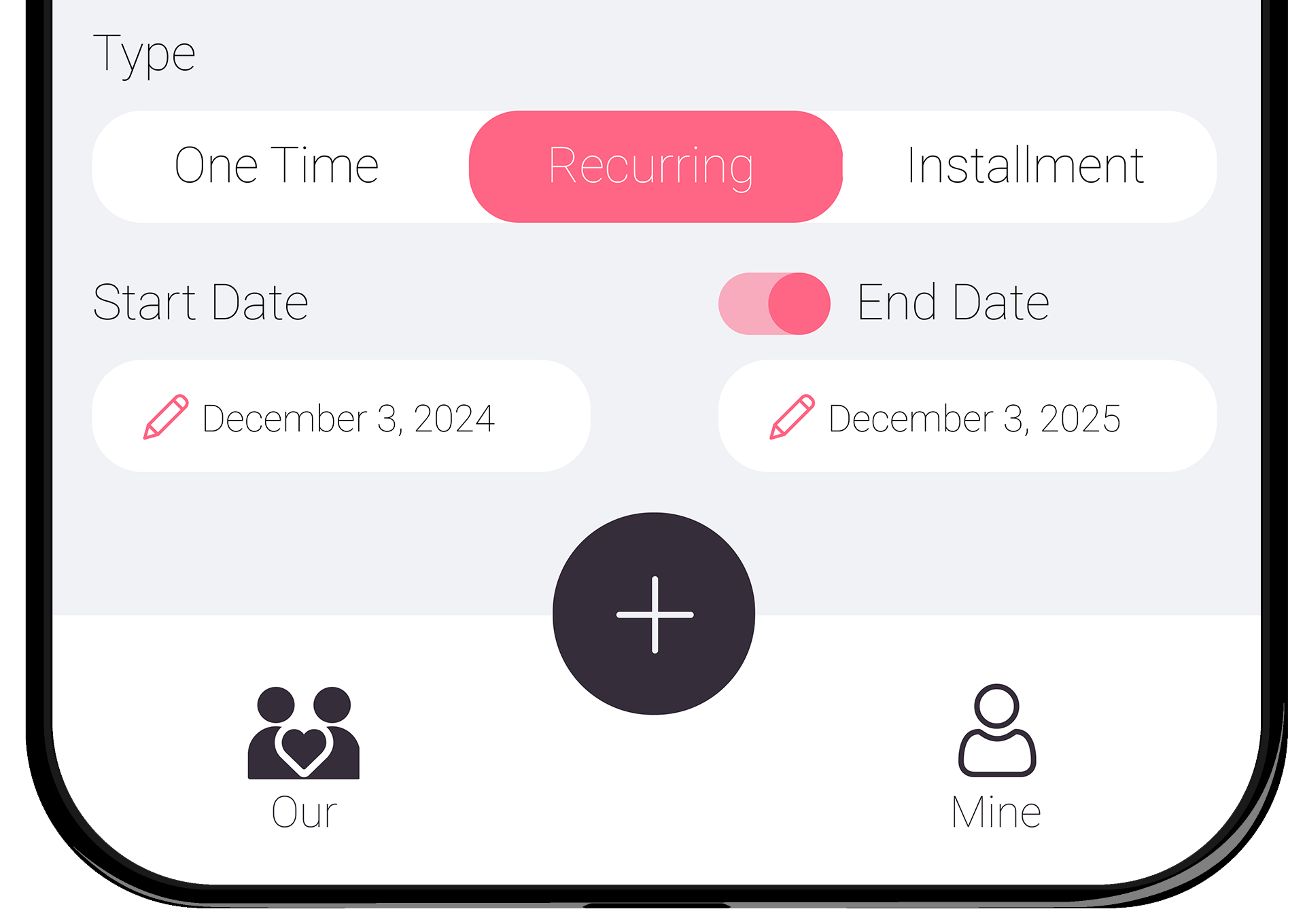 Screenshot of the app showing a form to add a recurring expense with fields for start date, end date, and frequency of the expense