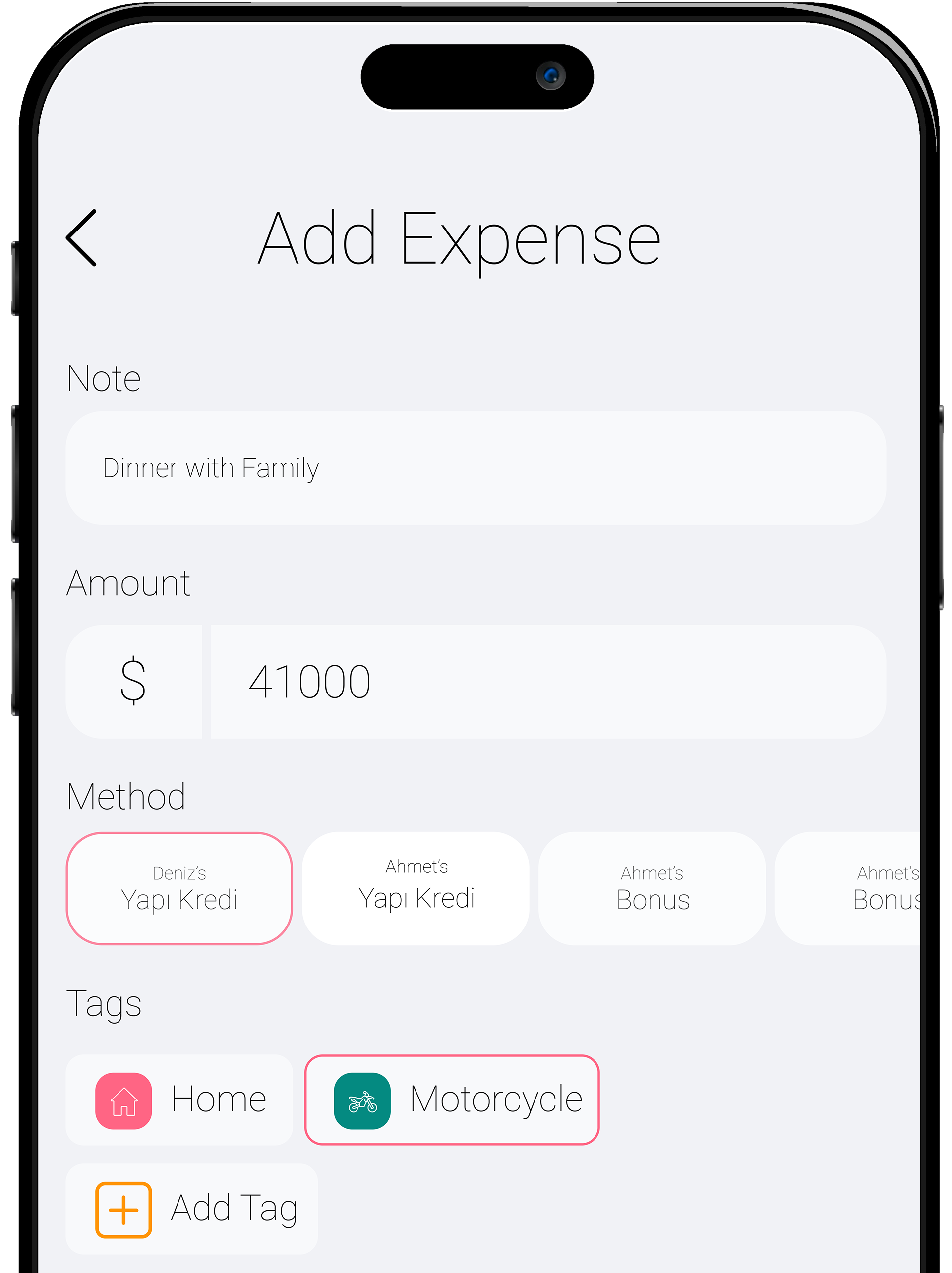 Screenshot of the app showing a list of tags that you can customize to organize your expenses